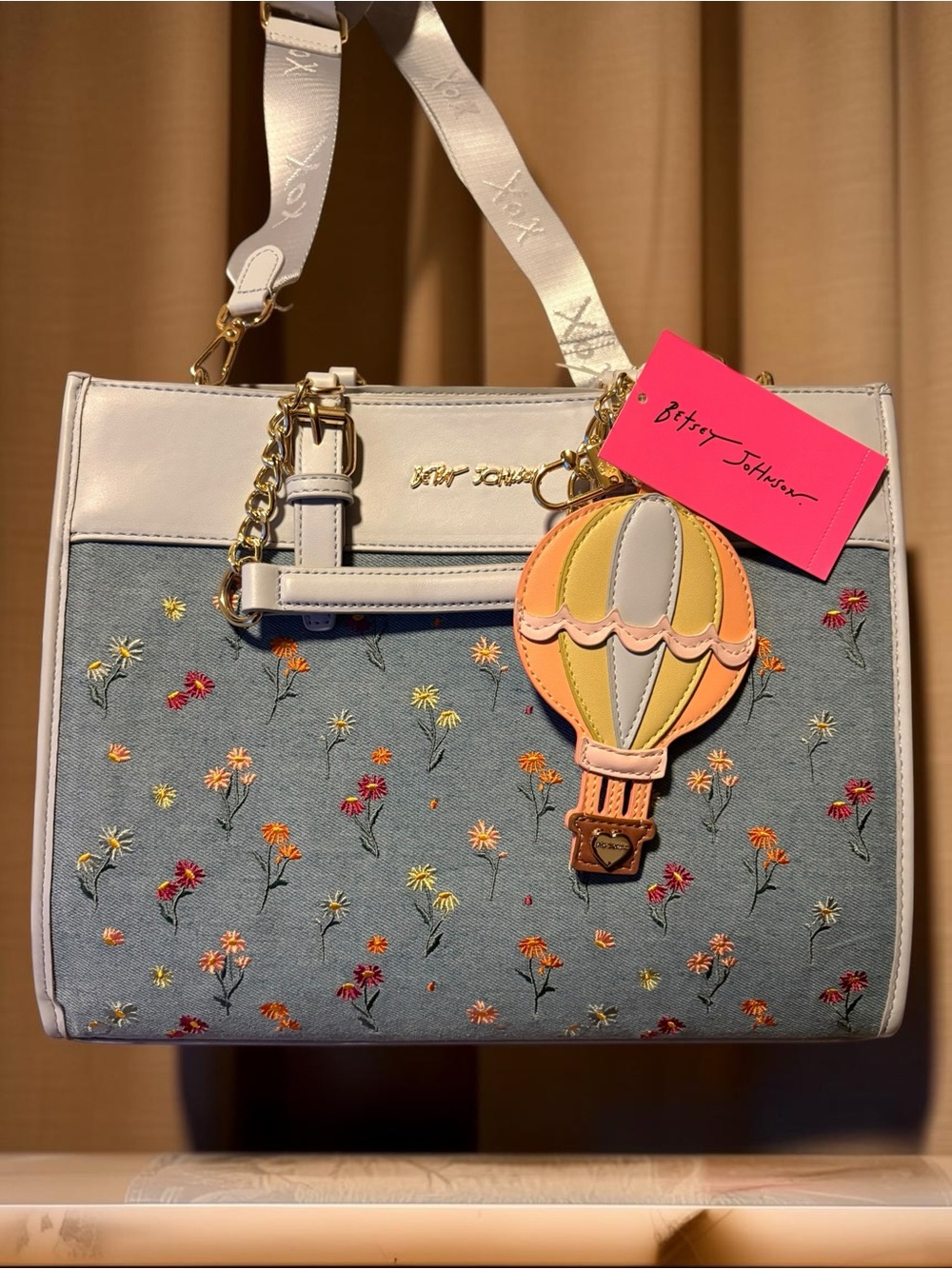 Betsey Johnson Denim Floral Satchel with Pastel Hot Air Balloon Charm NWT 💐 - Picture 3 of 13